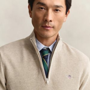 Gant Micro Textured Cotton Half Zip Sweater – Oat Melange